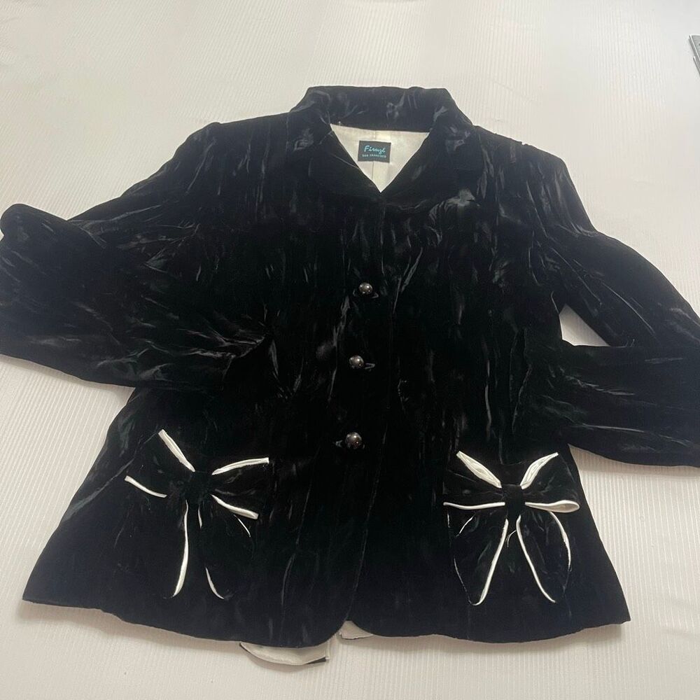 Firuze San Francisco Women’s Black Crushed Velvet Jacket White Bows Accent Sz 10
